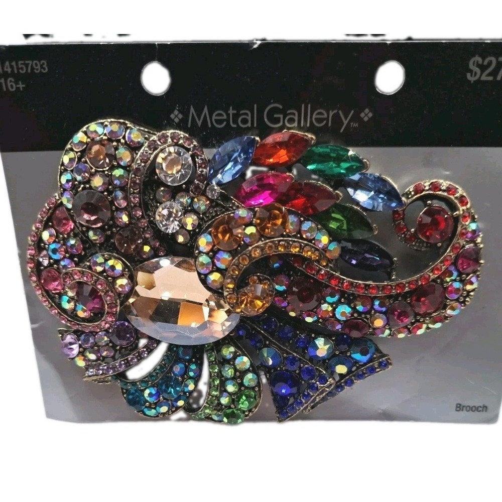 METAL GALLERY ART DECO RHINESTONE BROOCH/PIN RAINBOW COLORS RIBBON SWIRL 4.25"
